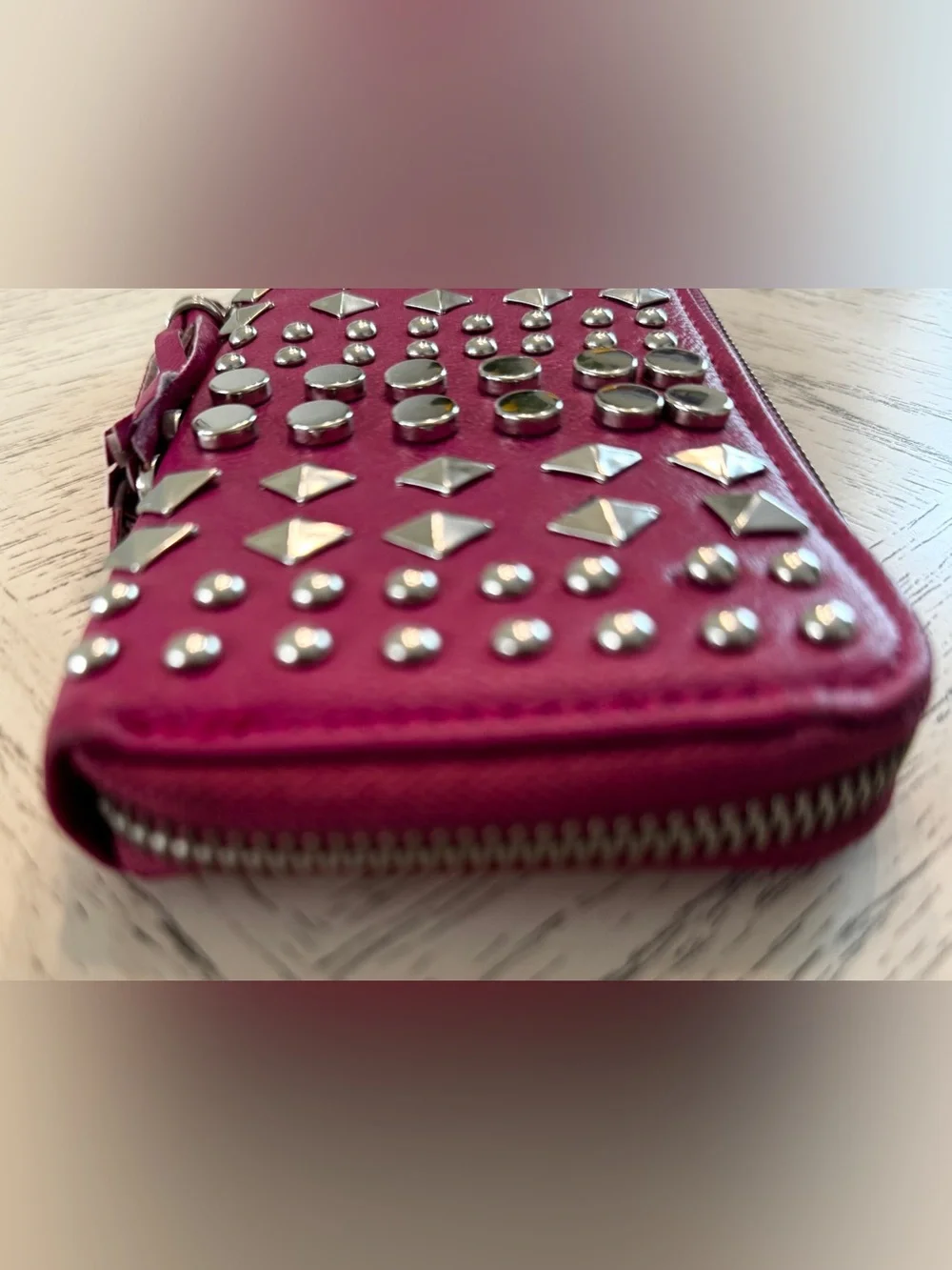 Fuchsia Pink Studded Zip Around Wallet Silver Hardware Tassel Y2K